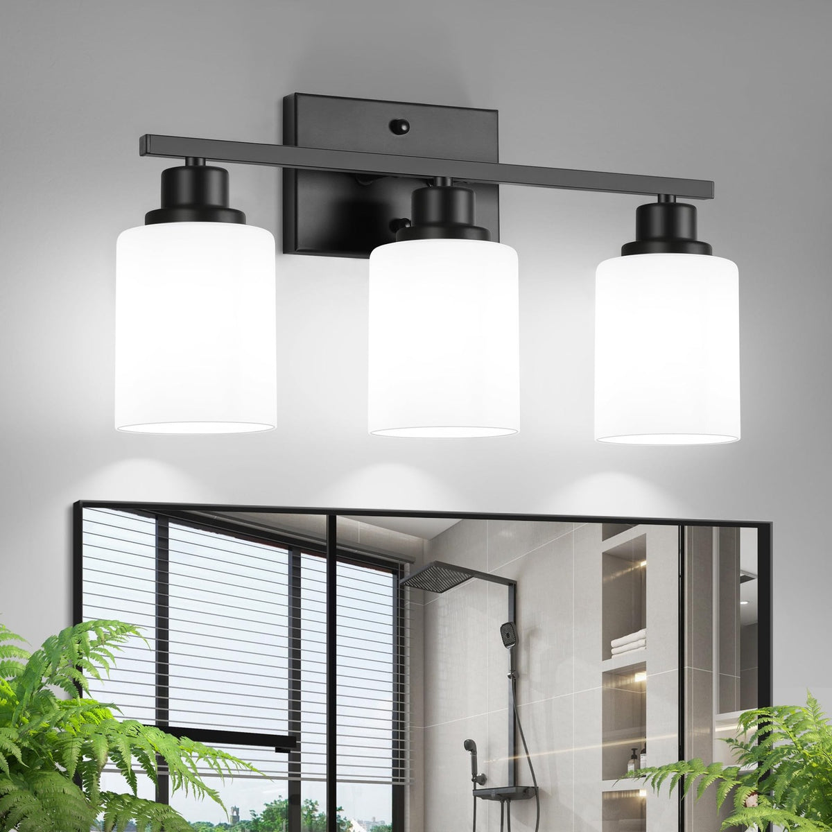 3-Light Vanity Light Fixture - Black Wall Sconce with Milky White Glass Shades