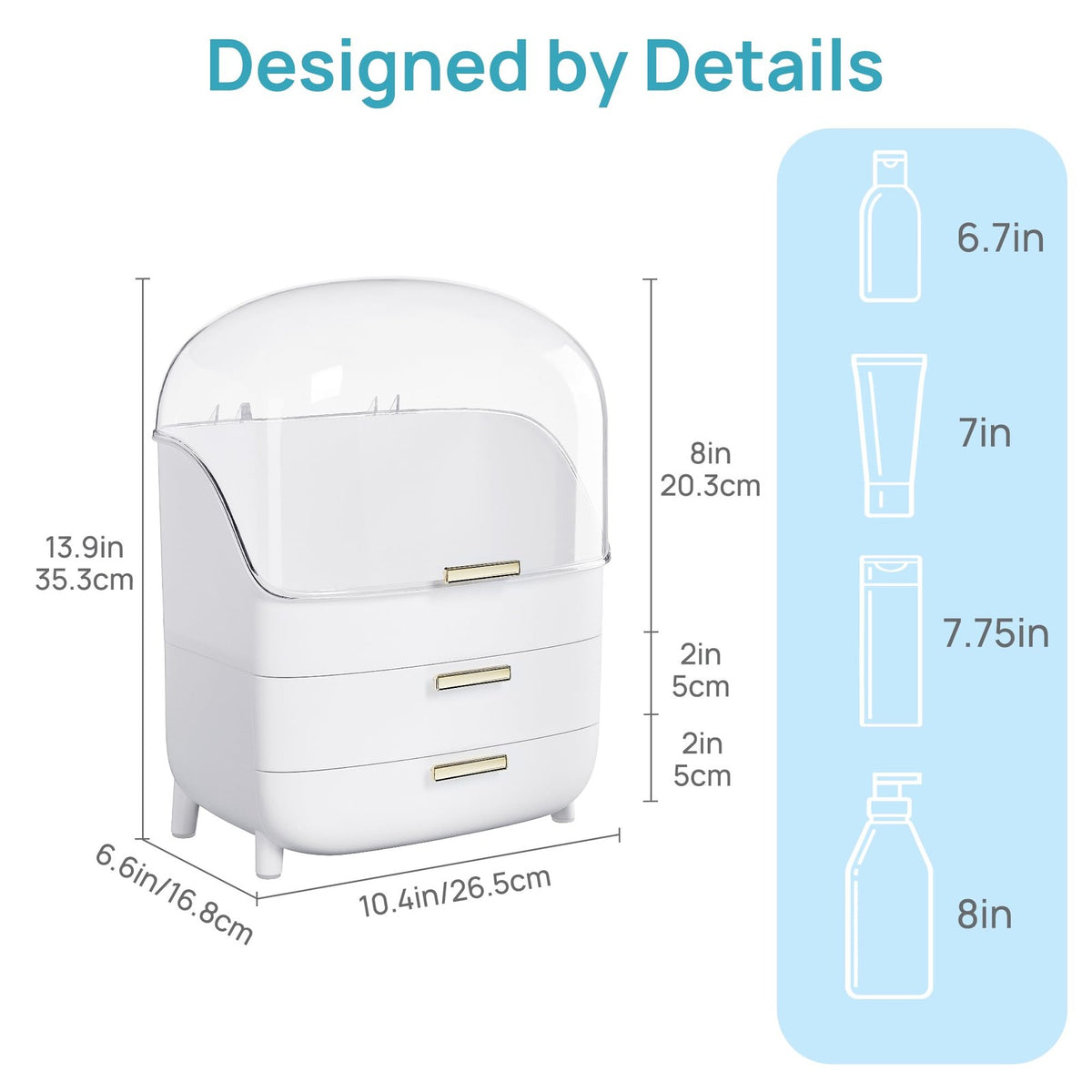 3-Tier Skincare Makeup Organizer with Drawers and Dustproof Lid - White