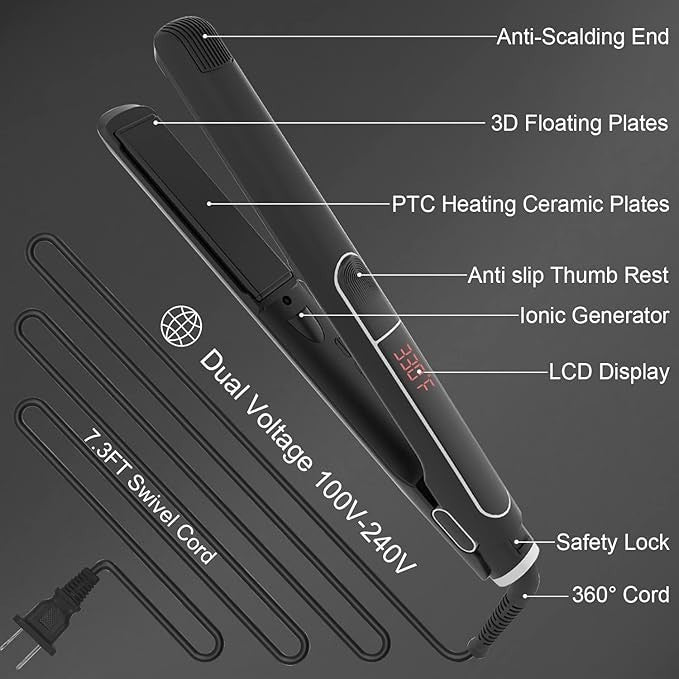 Professional 1-Inch Ceramic Flat Iron Hair Straightener with Clips & Gloves