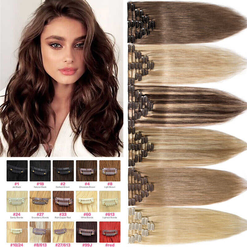 Remy Human Hair Extensions Clip-In Full Head Set - Multiple Colors & Lengths