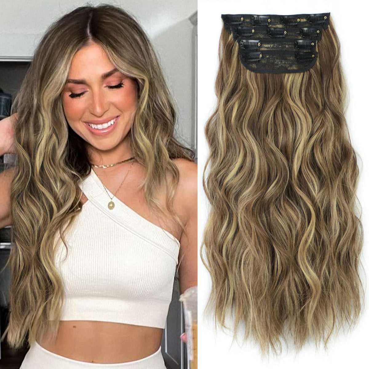 4PCS Clip-In Wavy Hair Extensions Long Synthetic Weft - Natural Blonde to Brown