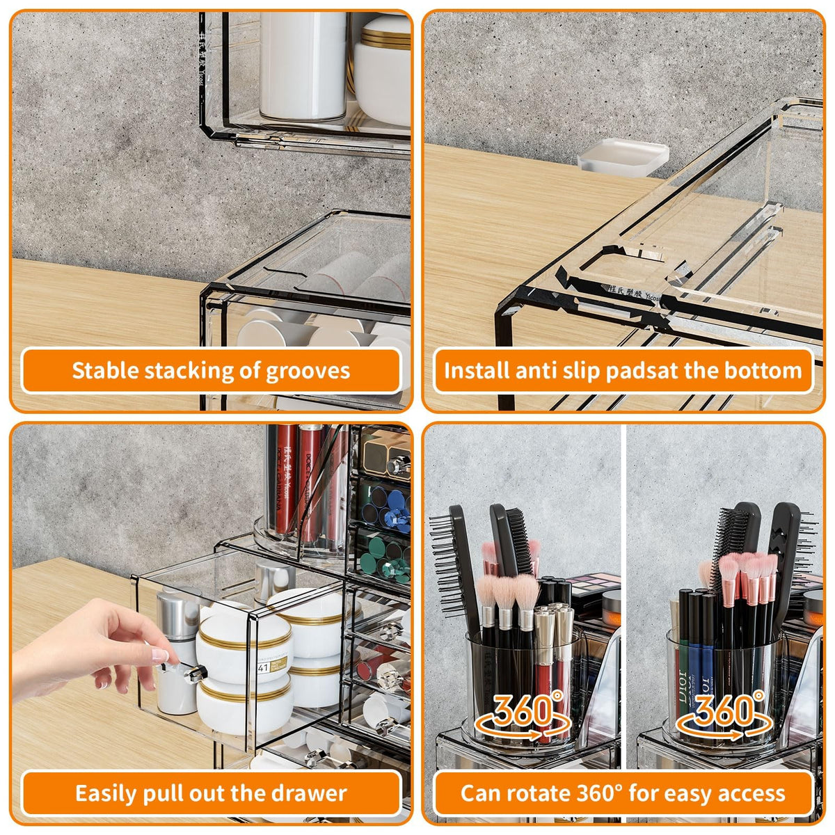 3-Pack Clear Acrylic Makeup Organizer with 9 Drawers for Vanity and Skincare