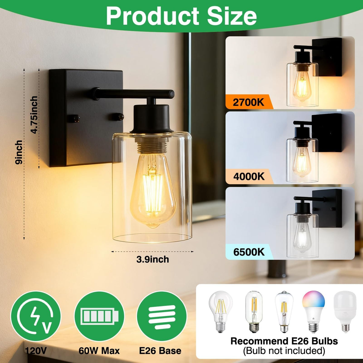 2-Pack Modern Matte Black Wall Sconces for Bathroom Vanity & Hallway
