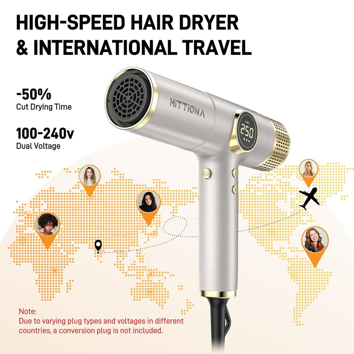 Dual Voltage Travel Hair Dryer with Magnetic Diffuser - 2000W Ionic, Lightweight