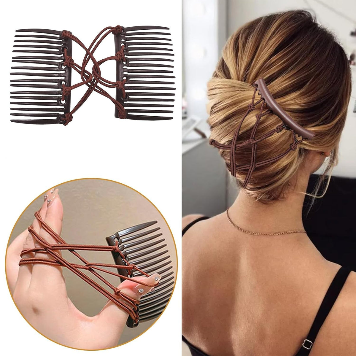 Stretchy Magic Hair Comb Set - Adjustable Elastic Hair Clips in Black, Red, Brown, Purple, Blue