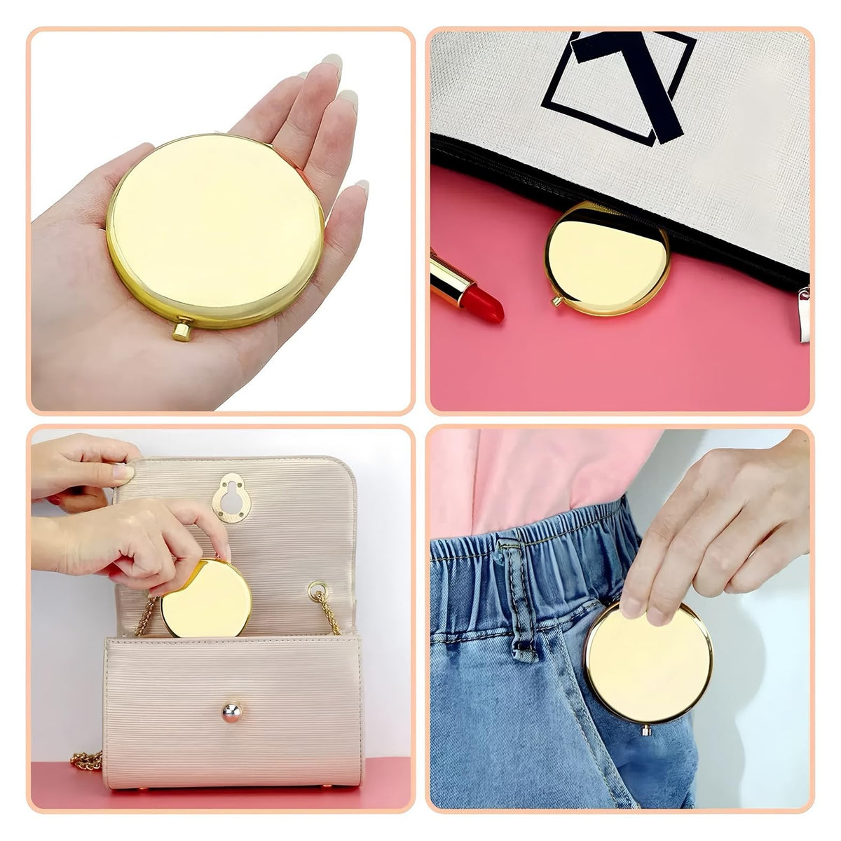 Double-Sided Compact Makeup Mirror - 2.7 x 3 Inches, Gold Travel Mirror