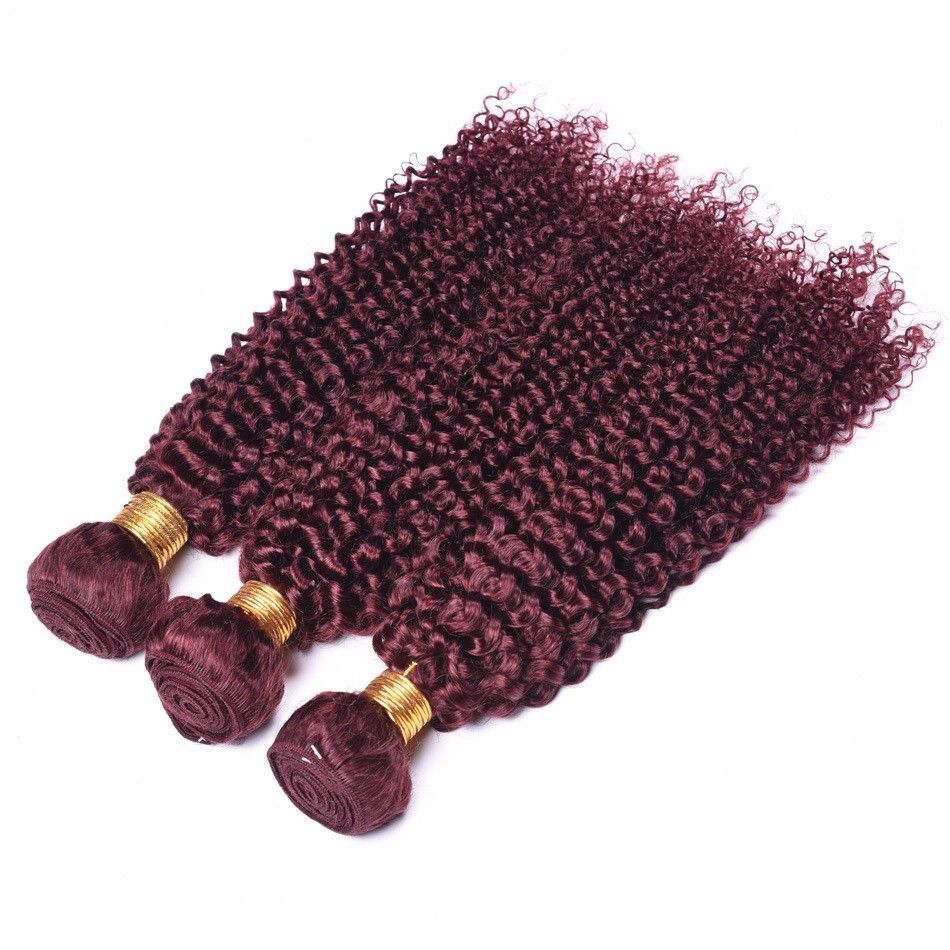 Virgin Human Hair Extensions Jerry Curl Burgundy 99J - Full Bundle, Multiple Lengths