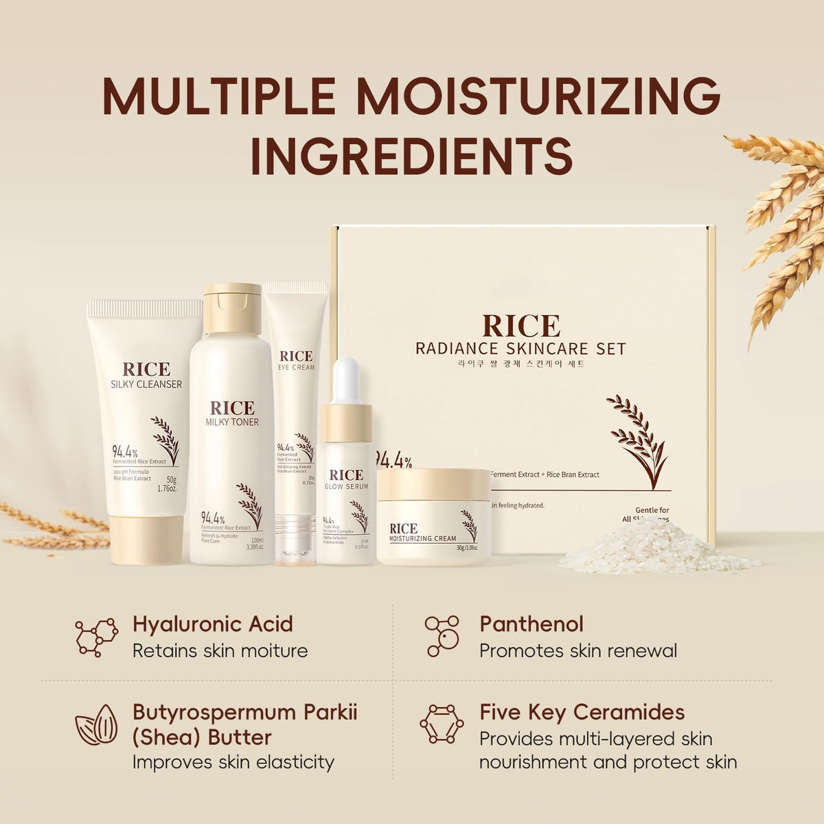 Korean Skin Care Set with Rice Cleanser 5pcs - Hydrating & Rejuvenating