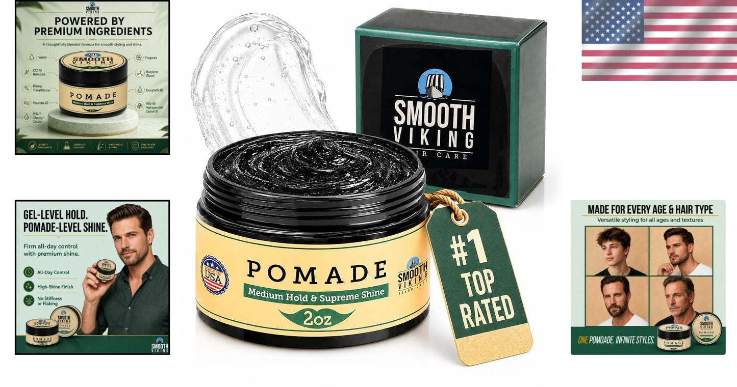 Men's Water-Based Pomade - Strong Hold, Silicone-Free, 2oz