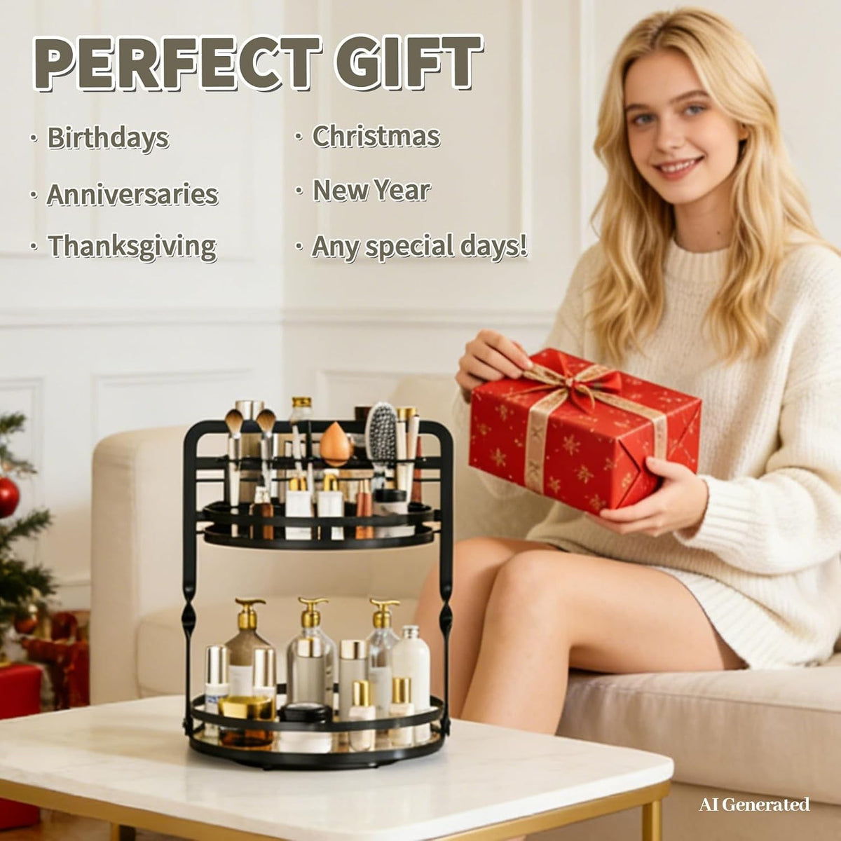 Rotating Makeup Organizer with 2 Tiers for Vanity and Bathroom Storage
