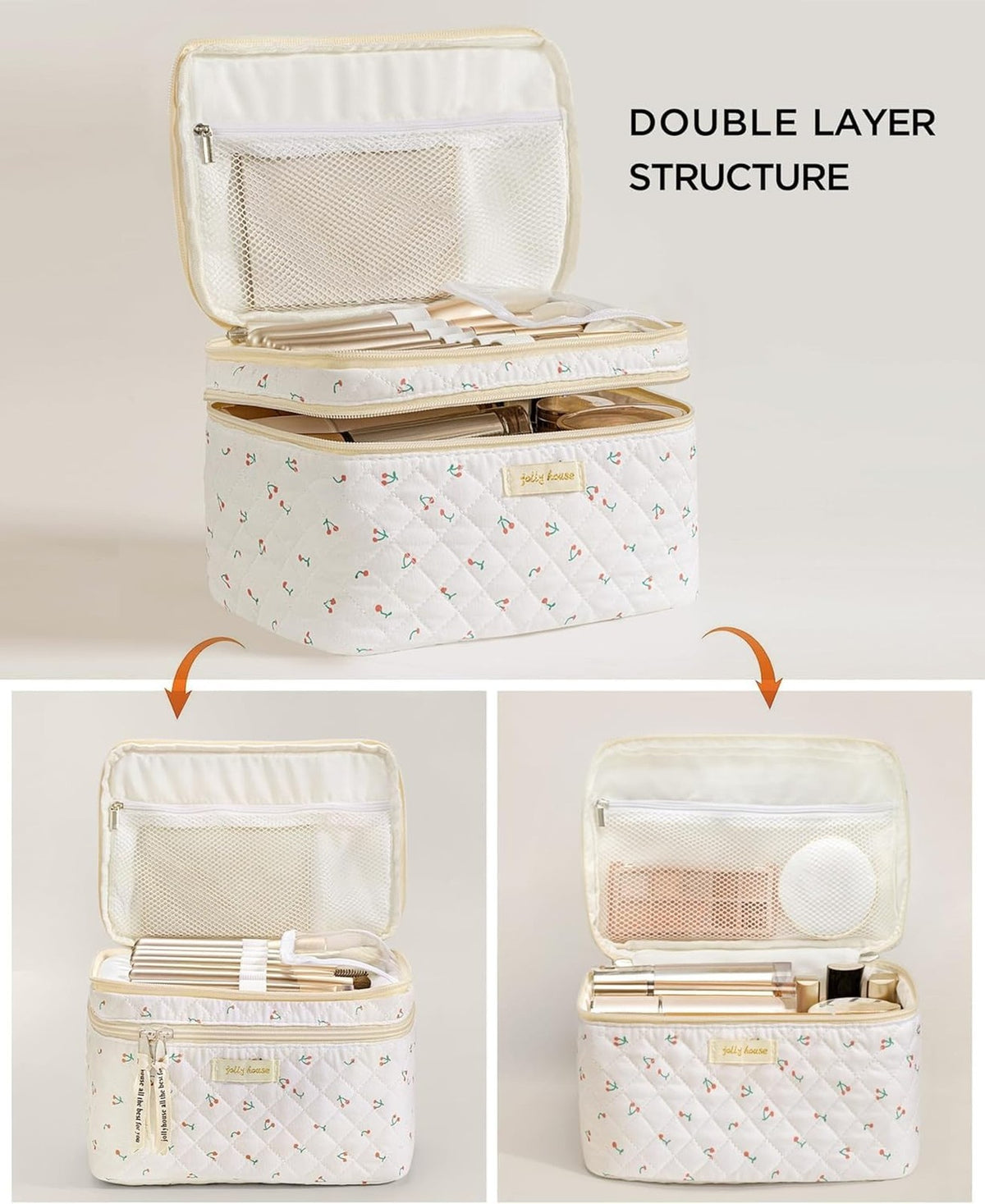 Large Cotton Quilted Travel Makeup Bag Set - Women Cosmetic Organizer