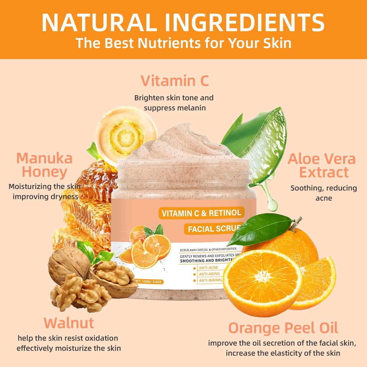 Vitamin C Face Scrub, Exfoliating Facial Wash with Retinol,