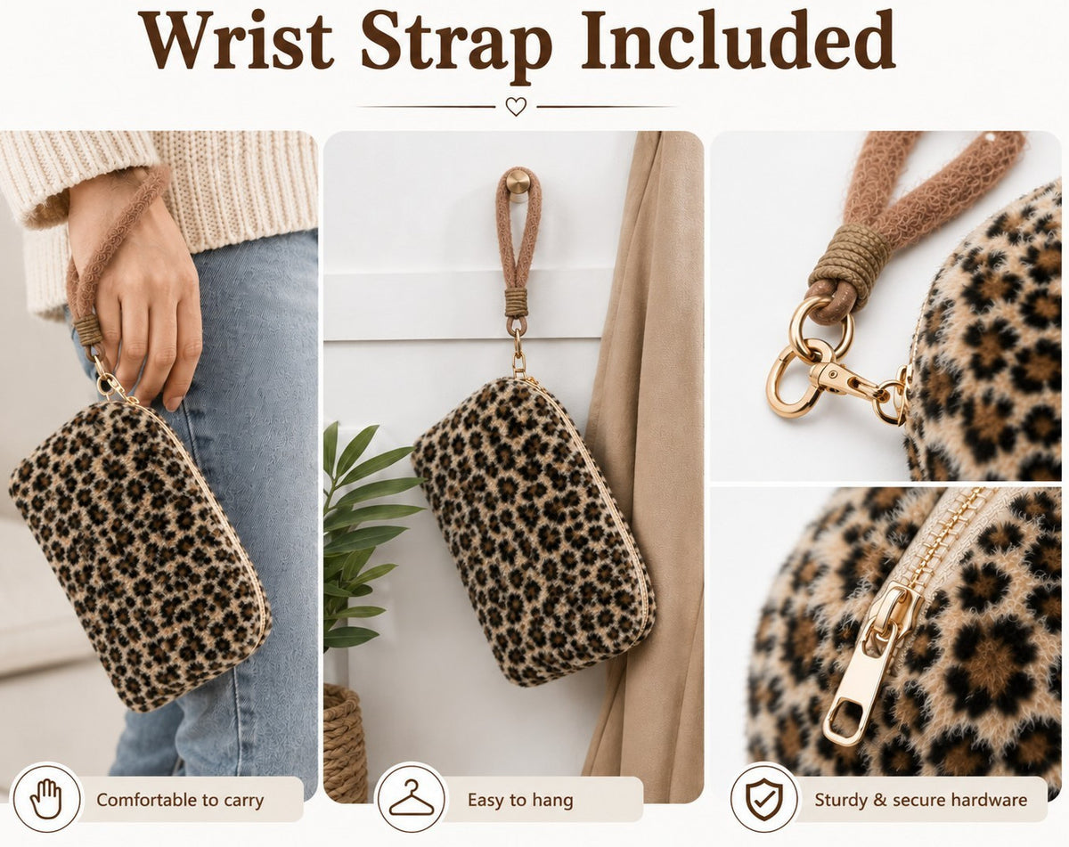 Leopard Plush Cosmetic Travel Toiletry Makeup Bag with Wristlet - Beige