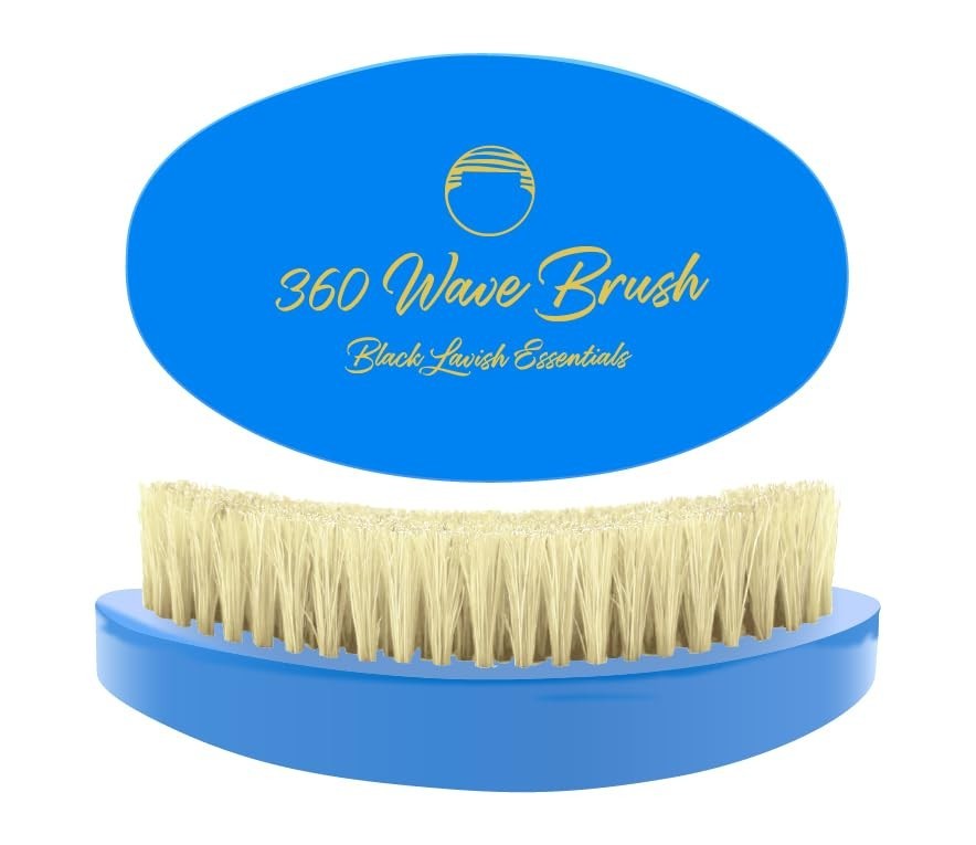 360 Wave Hair Brush MED/Hard Boar Bristle Curved Design for Deeper Waves - Sky Blue