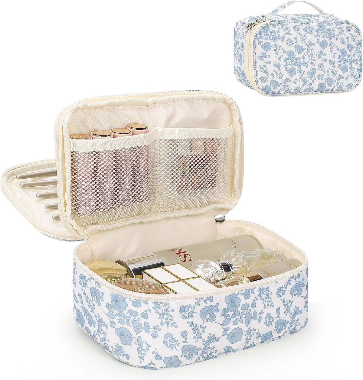 Travel Makeup Bag, Small Floral Cosmetic Organizer with Brush Compartments