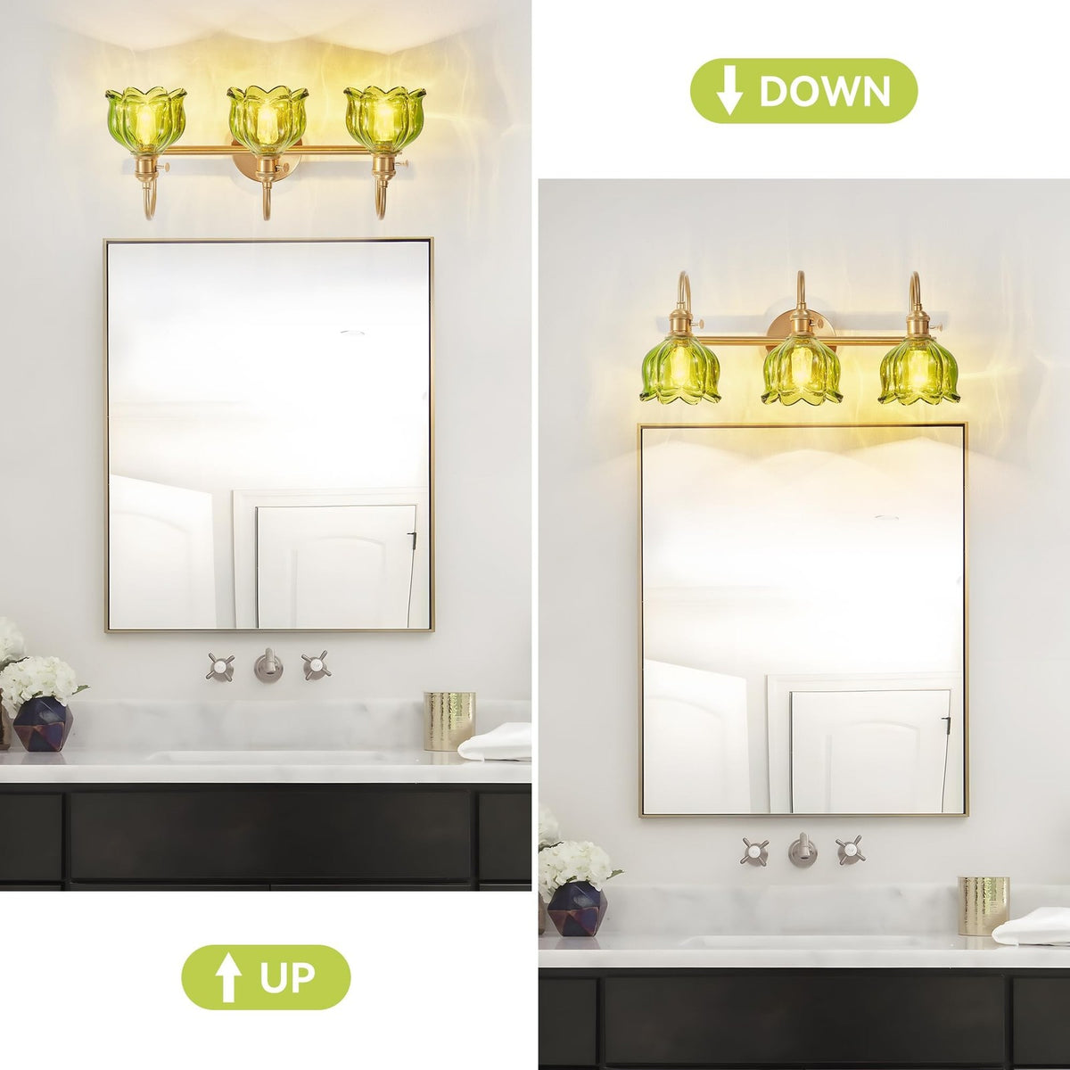 3-Light Brushed Gold Bathroom Vanity Light with Green Tulip Glass Shades