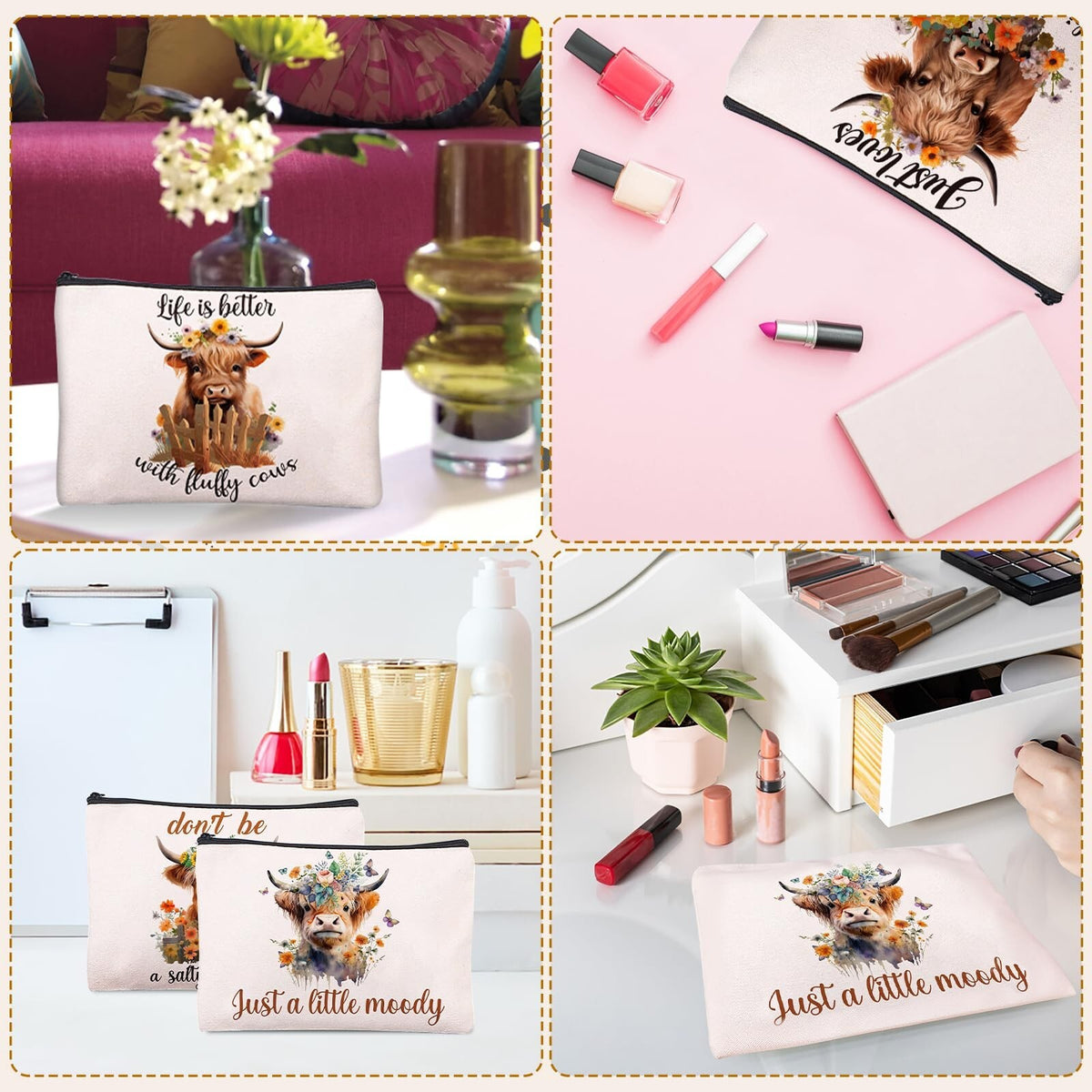 4PCS Highland Cow Makeup Bag Set - Farm Theme Cosmetic Pouches for Women