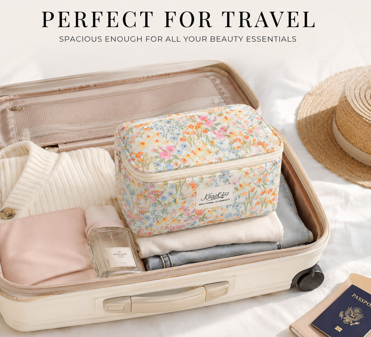 Large Quilted Cosmetic Bag - Water-Resistant Makeup Organizer for Travel