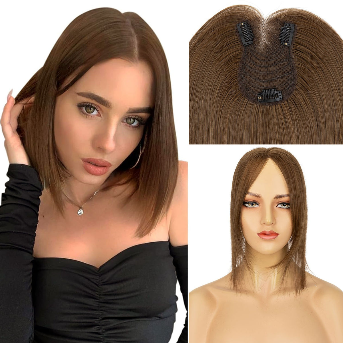 Human Hair Topper with Clip-In Base for Hair Loss & Volume - Multiple Sizes