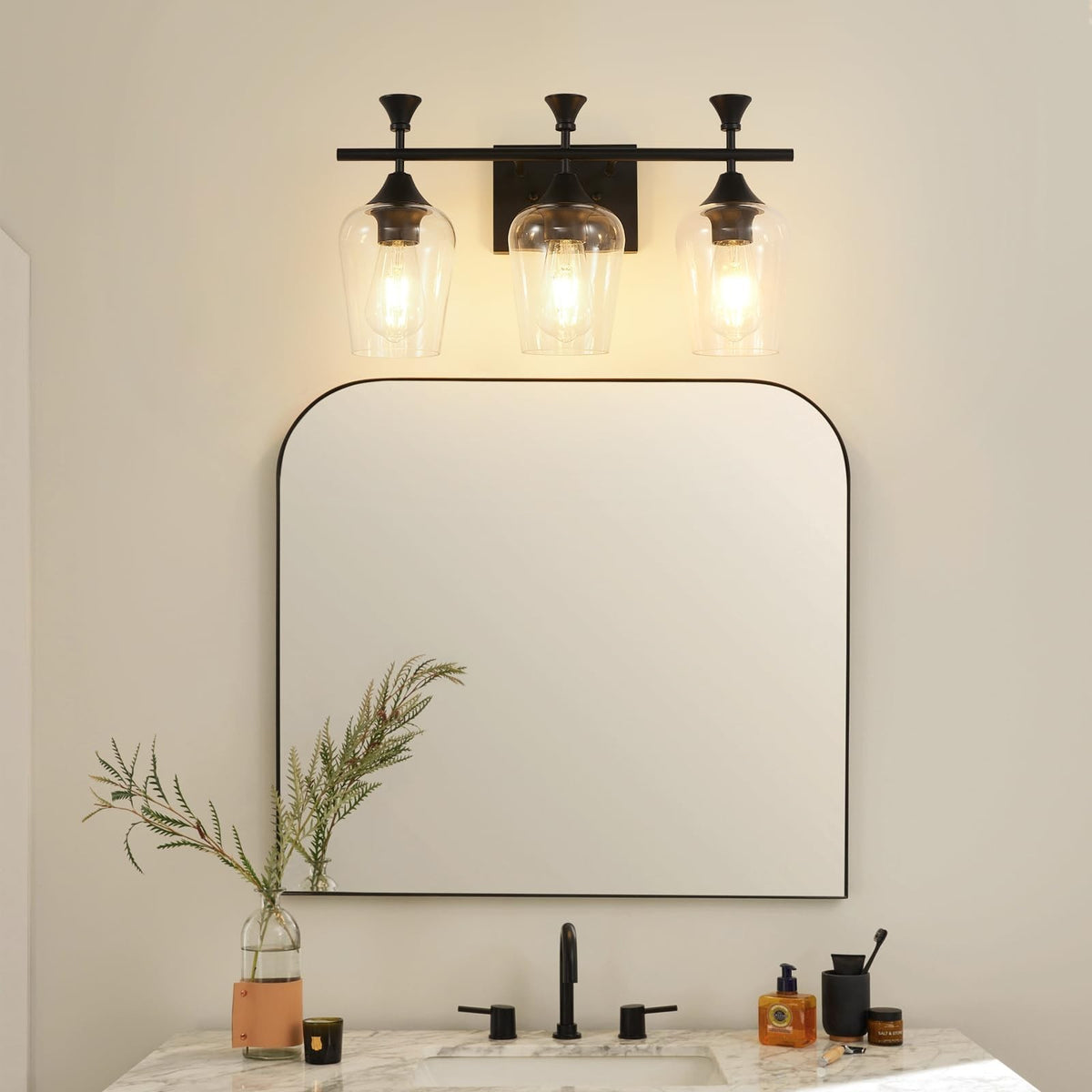 3-Light Matte Black Bathroom Vanity Light Fixture with Clear Wine Glass Shades - Modern Wall Sconce, 19 Inch