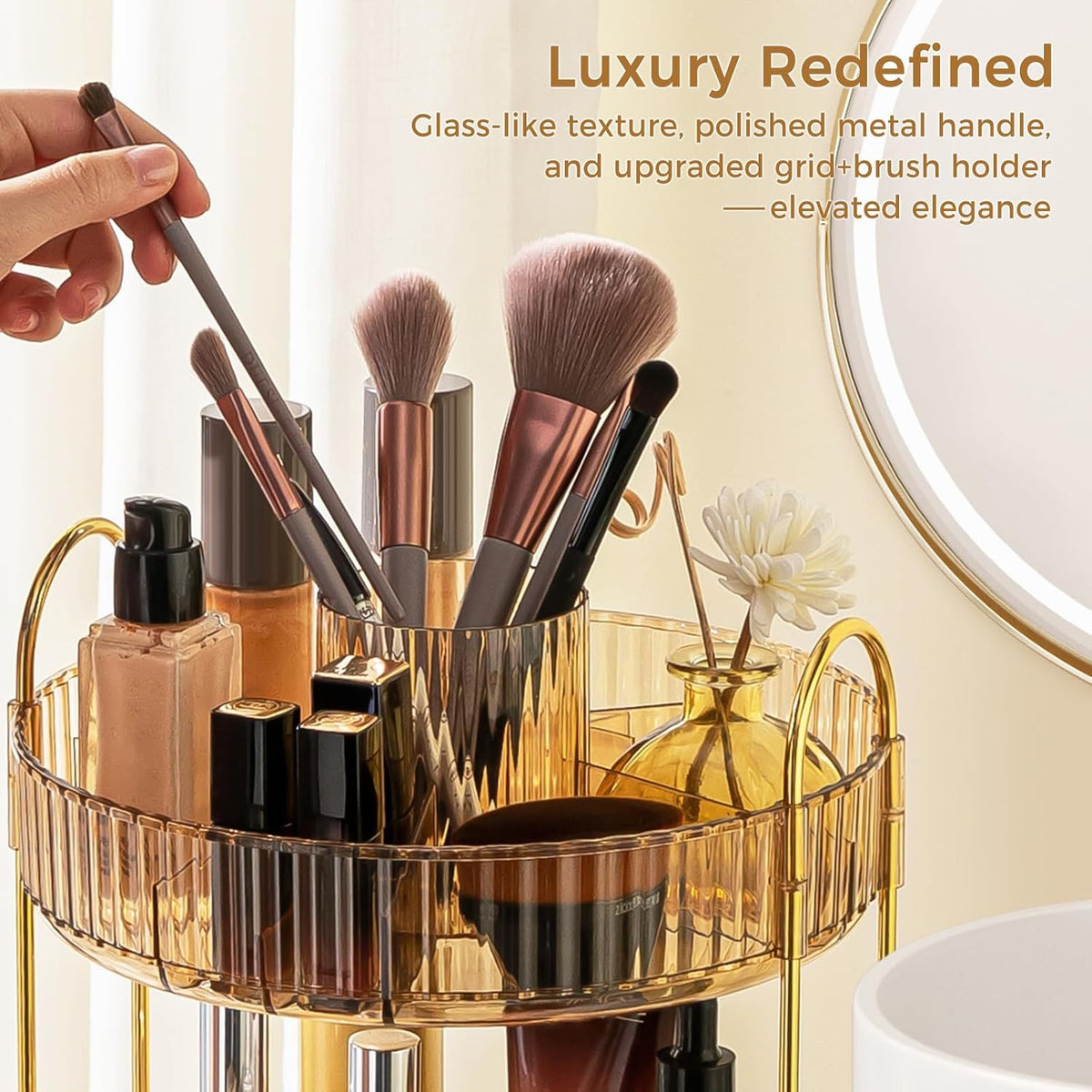 Rotating Makeup Organizer 3-Tier Cosmetic Storage with Brush Holder