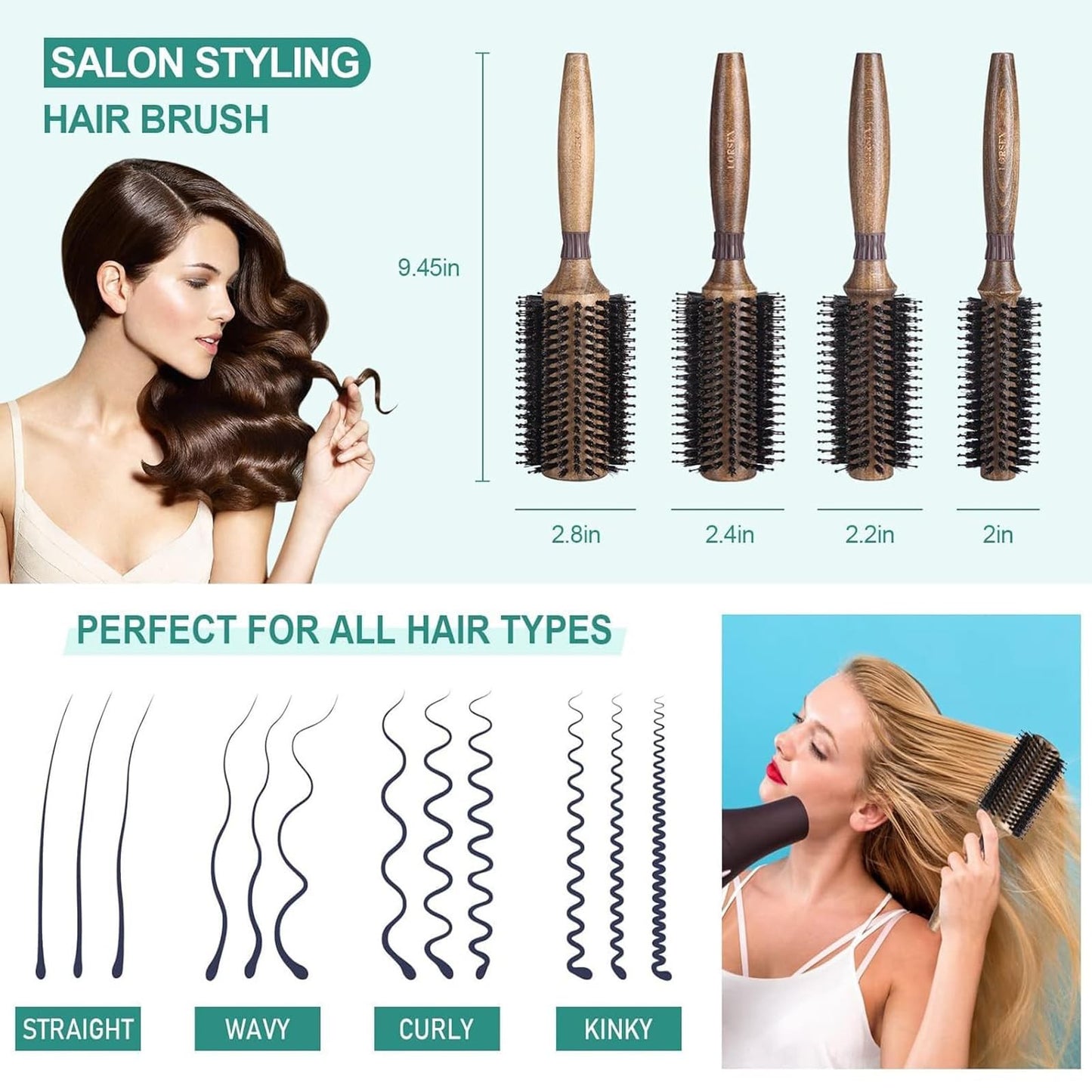 Round Boar Bristle Hair Brush for Blow Drying 2.8 Inch Salon-Style Styling Tool