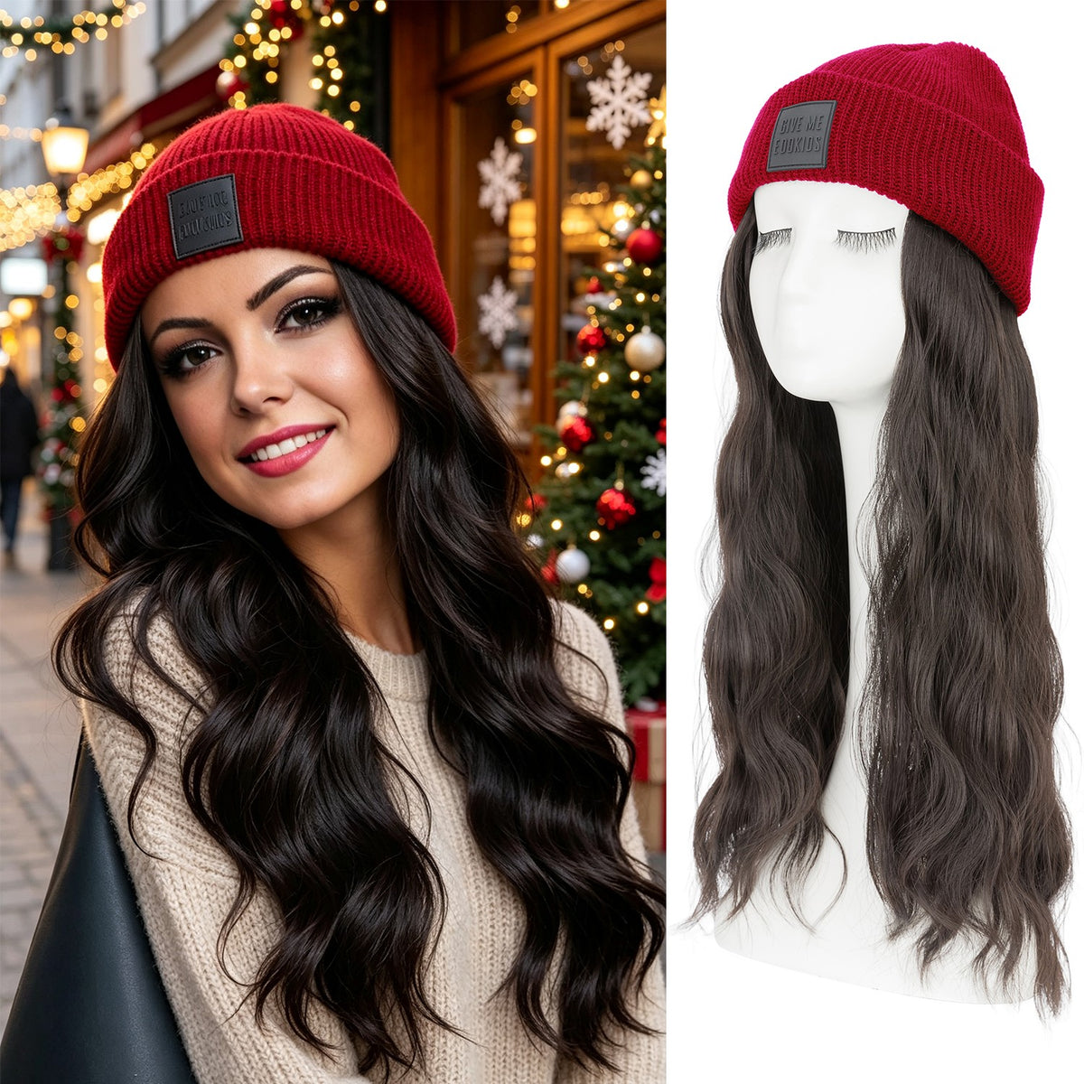 Winter Knit Beanie Hat with Attached Hair for Women - Warm Water Wave Style