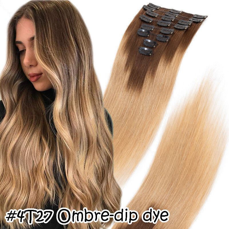 Clip-In Human Hair Extensions Full Head 8-24 Inch Natural Remy Hair