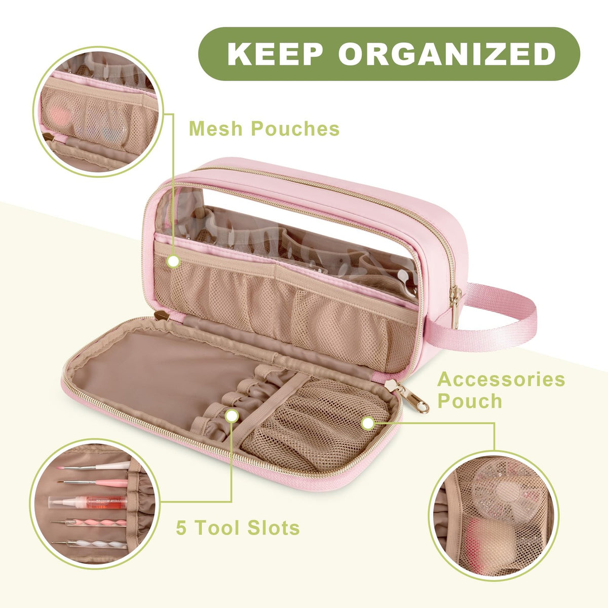 Nail Polish Organizer Case Holds 12 Bottles Storage Bag with Clear Window Pink