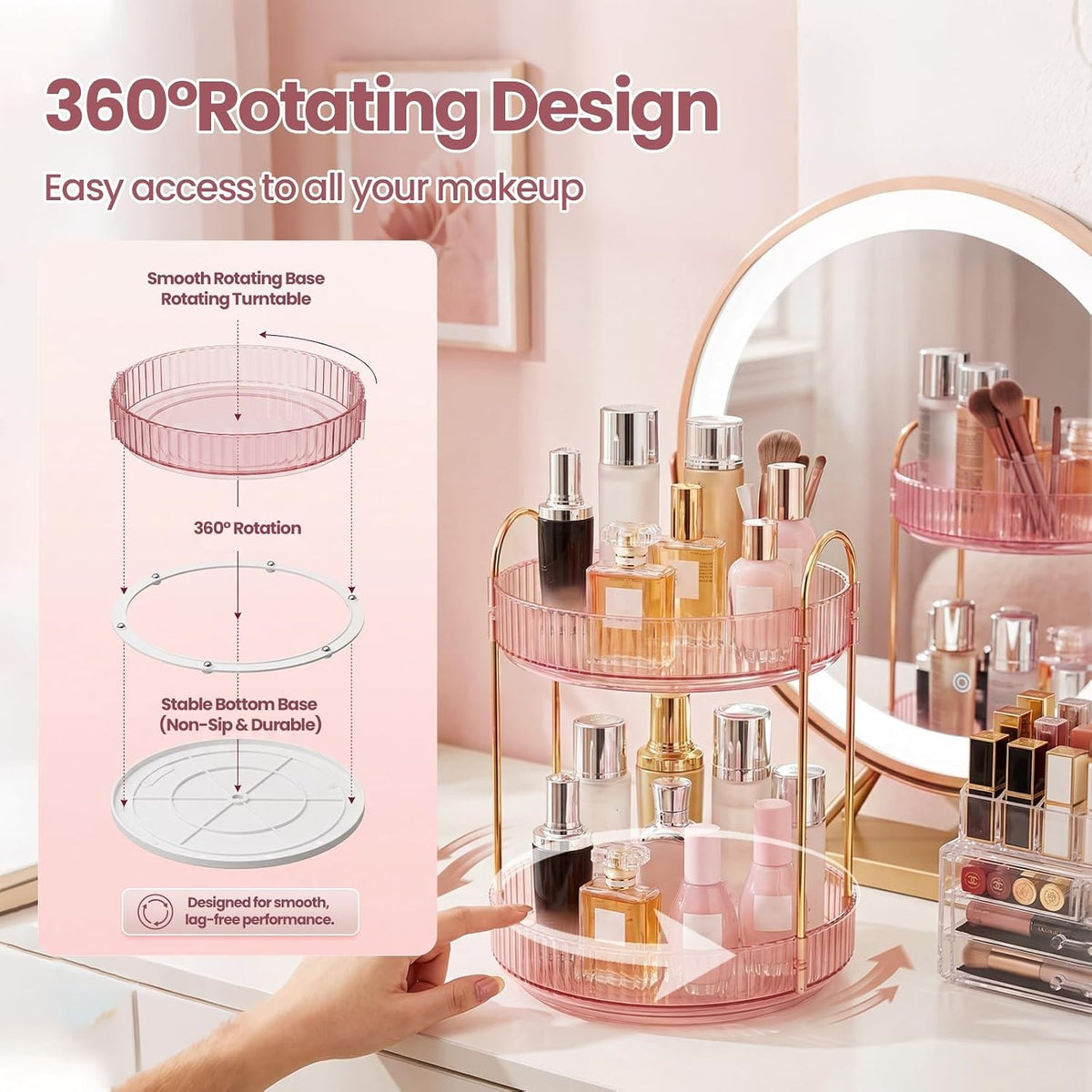 Rotating Makeup Organizer with 360° Turntable - Vanity, Bathroom & Bedroom Storage