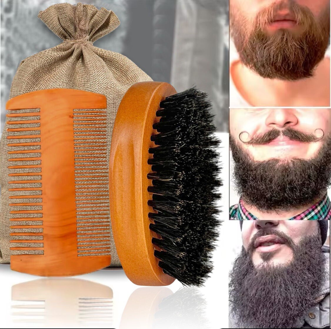Wooden Beard Comb & Mustache Wax Set – Grooming & Styling Kit