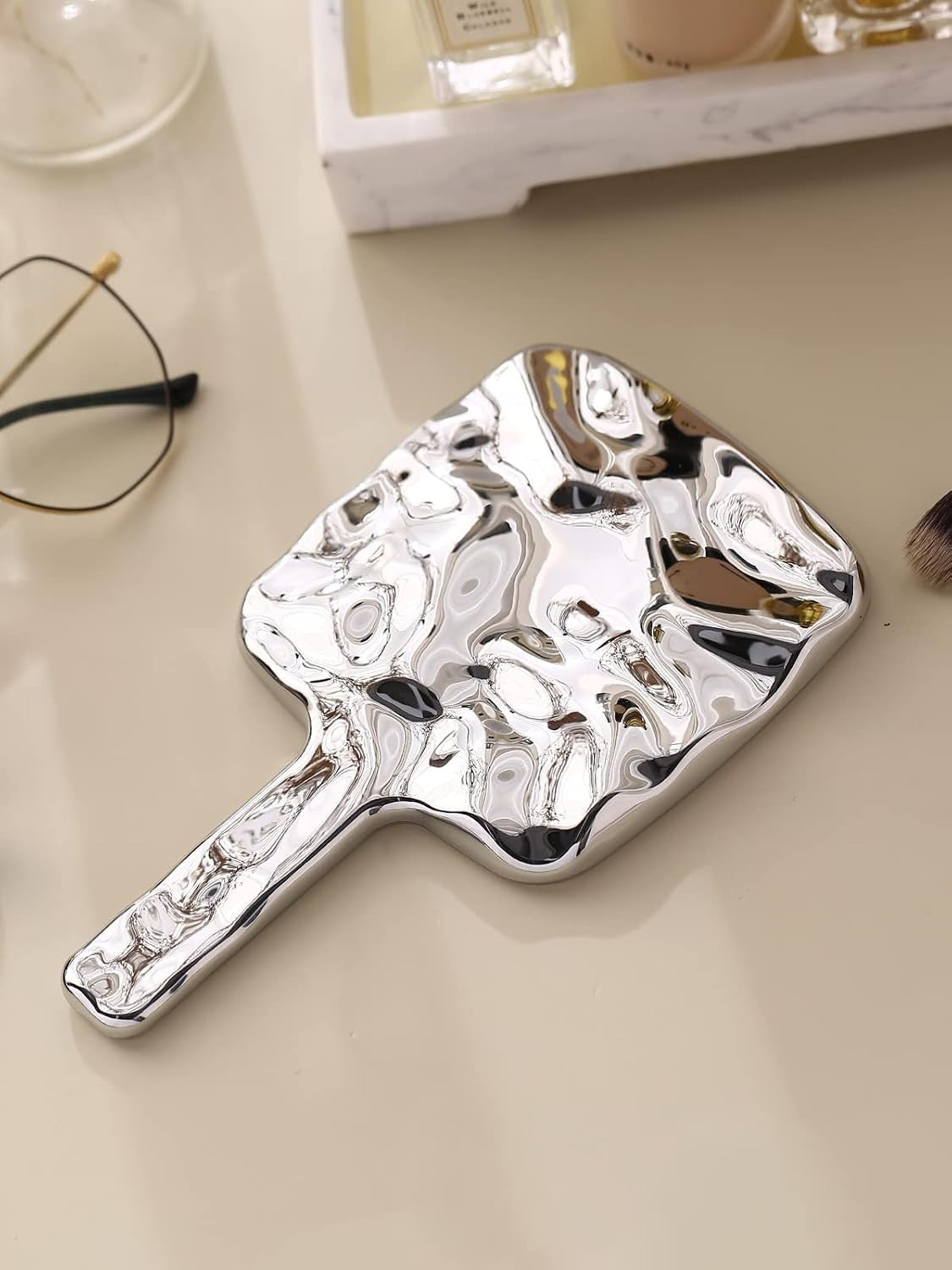 Small Handheld Makeup Mirror - Silver, 4 x 7 Inches, Portable Lash Mirror