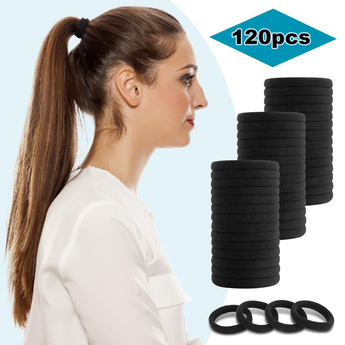 120PCS Black Hair Ties for Women Girls, Elastic Bands Ponytail