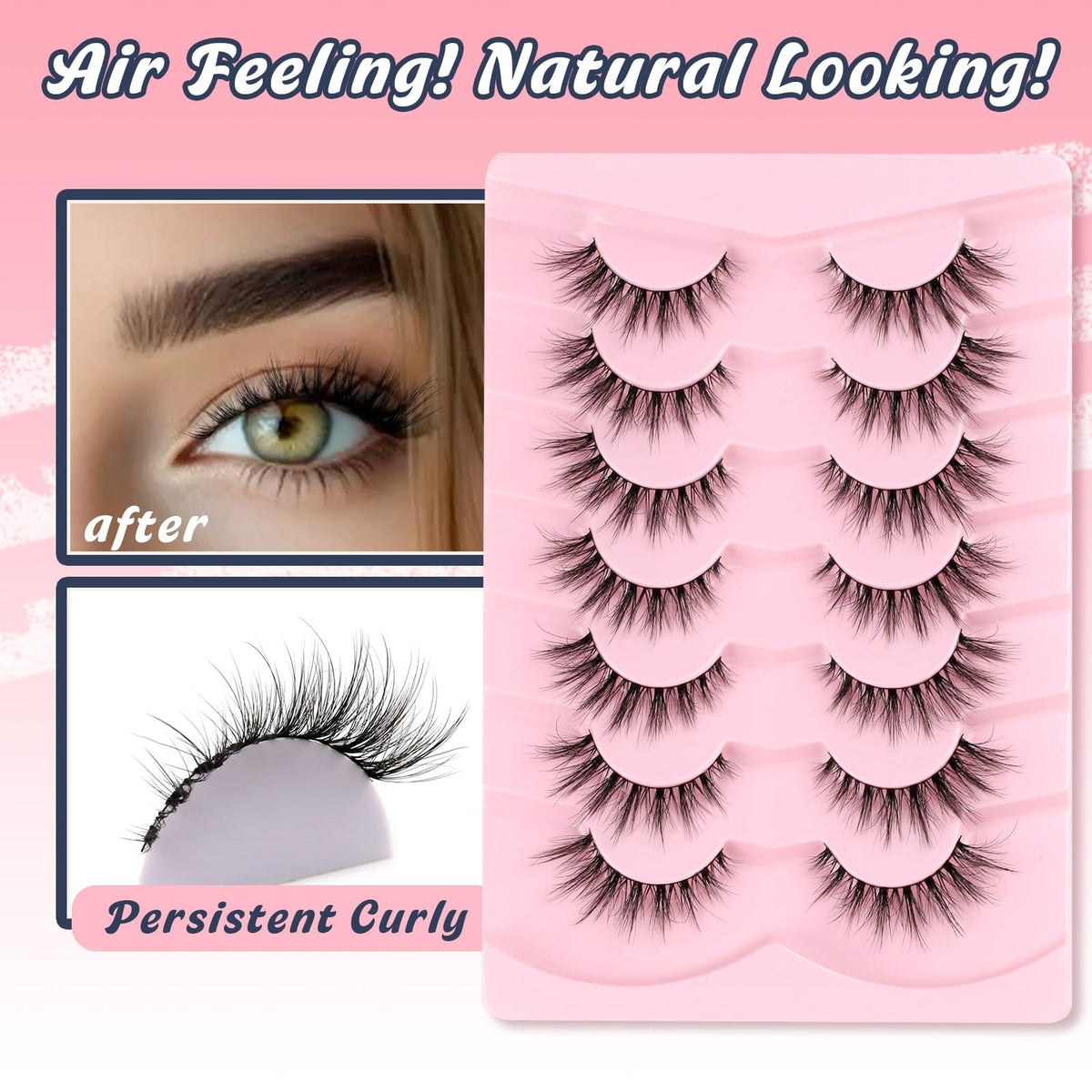 Natural Cat Eye Wispy False Eyelashes 15mm - 7 Pairs, Black