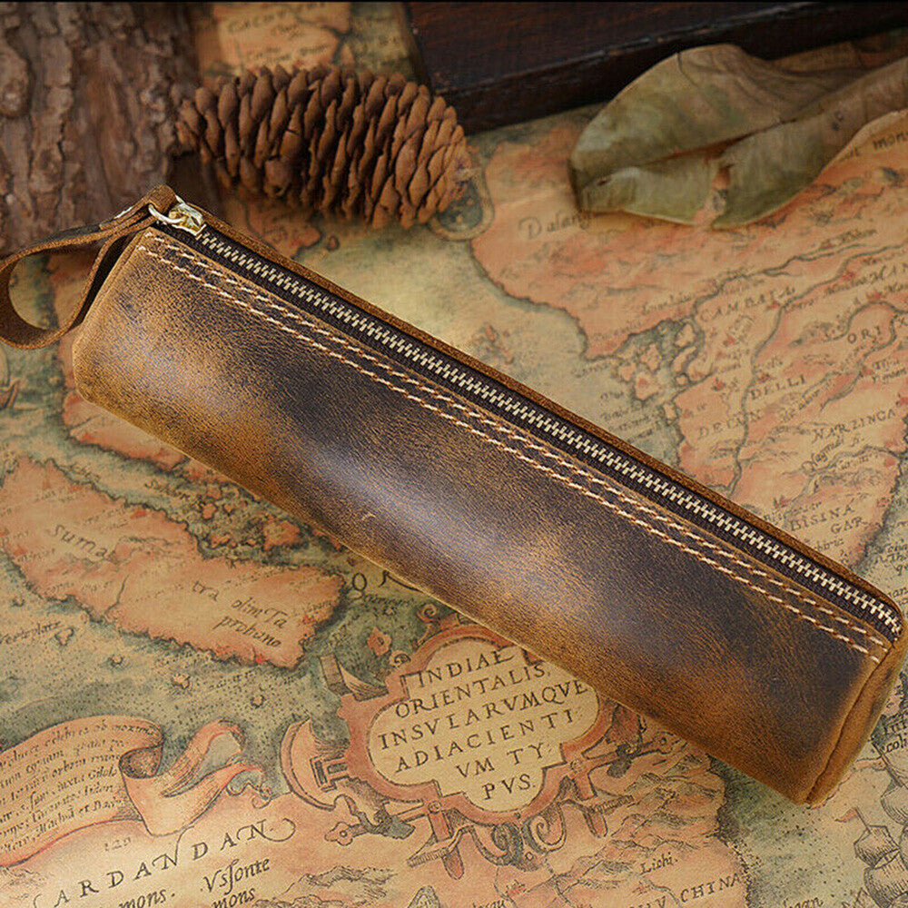 Handmade Cowhide Leather Pen Pouch Zipper Pencil Case Stationery Storage
