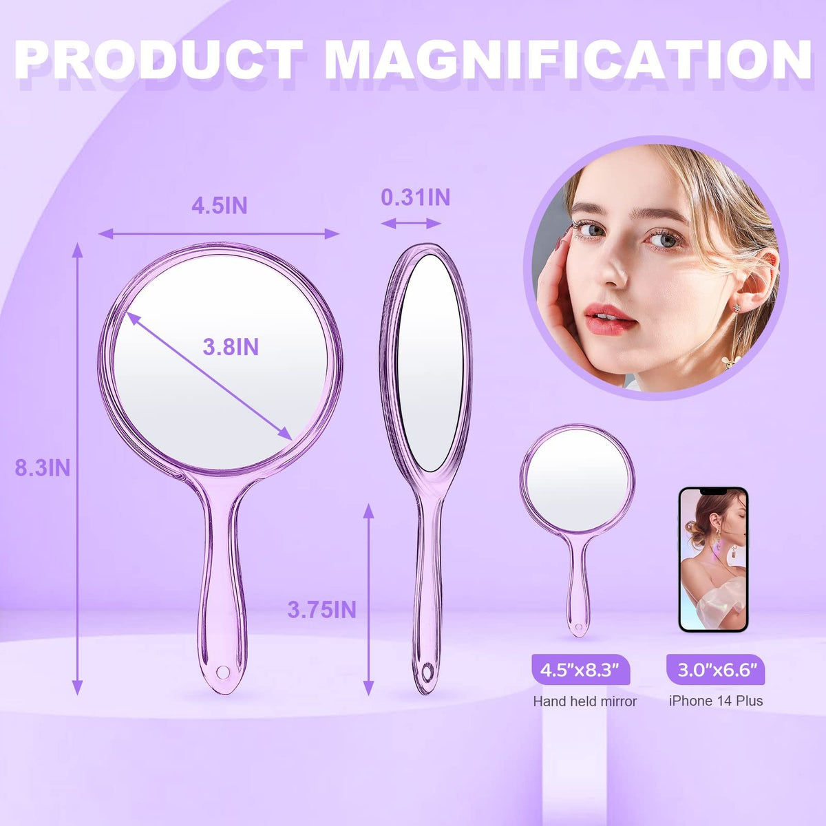Small Purple Hand Mirror with Handle - Rounded, Double-Sided Magnification