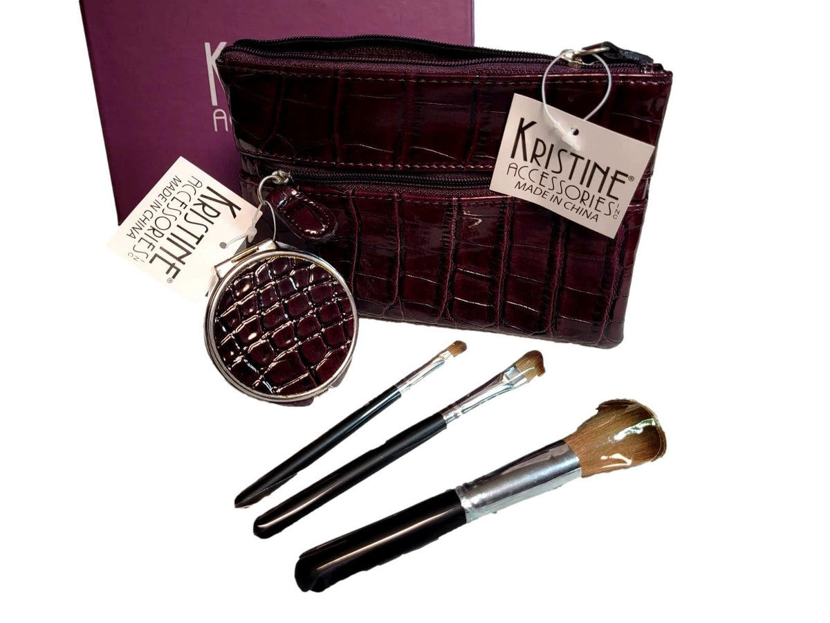 Travel Makeup Brush Set with Compact Mirror in Faux Leather Bag