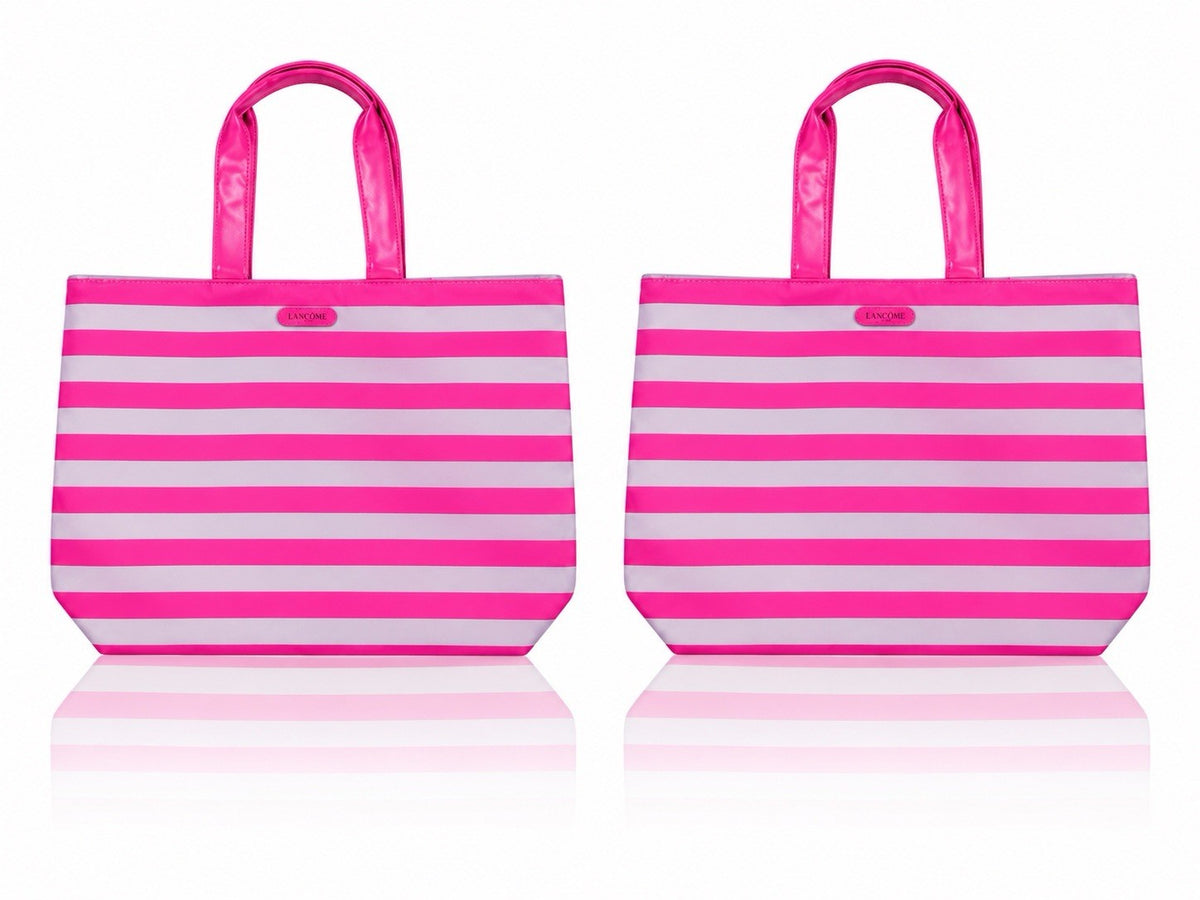 Set of 2 Large Pink and Gray Striped Tote Bags for Travel and Shopping