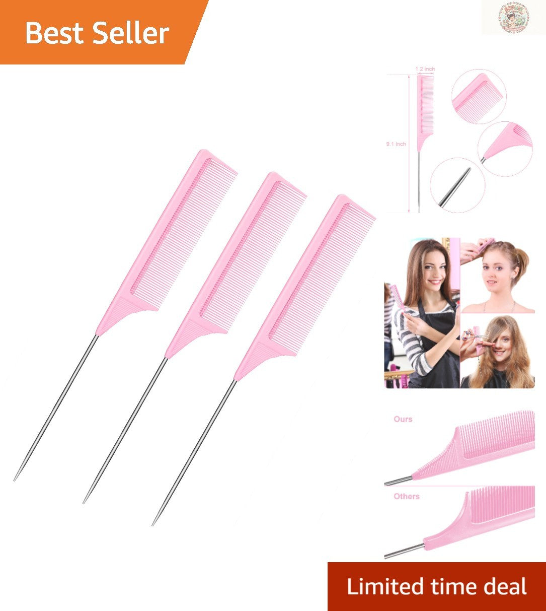 Pink Carbon Fiber Heat-Resistant Teasing Comb Set with Metal Pick for Hair Styling