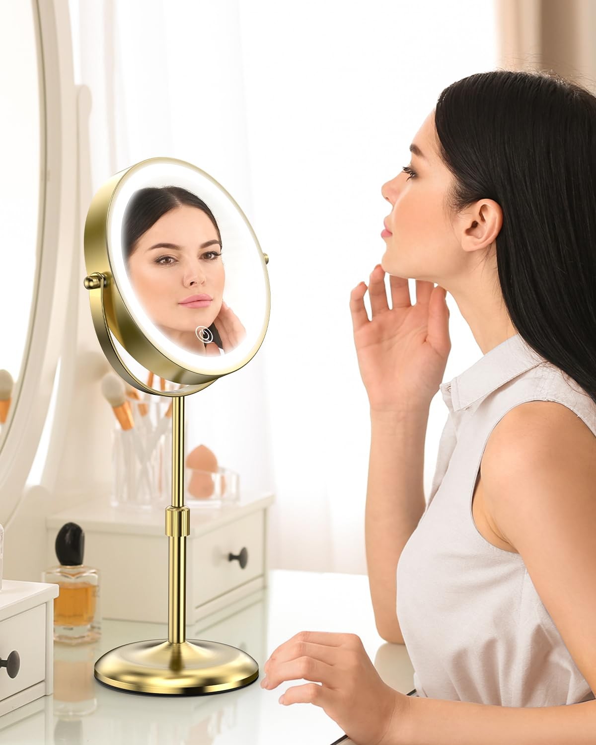 Lighted Makeup Mirror with 3 Color Lights & 10X Magnification - Adjustable Height