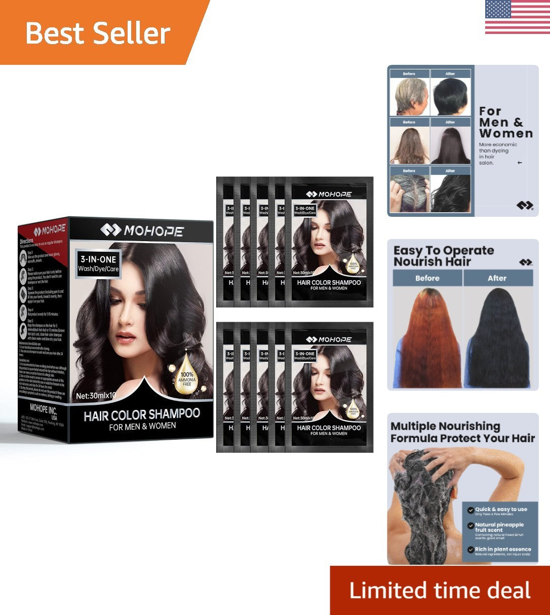 Instant Black Shampoo for Grey Hair - 30ml x 10pcs Semi-Permanent Hair Dye