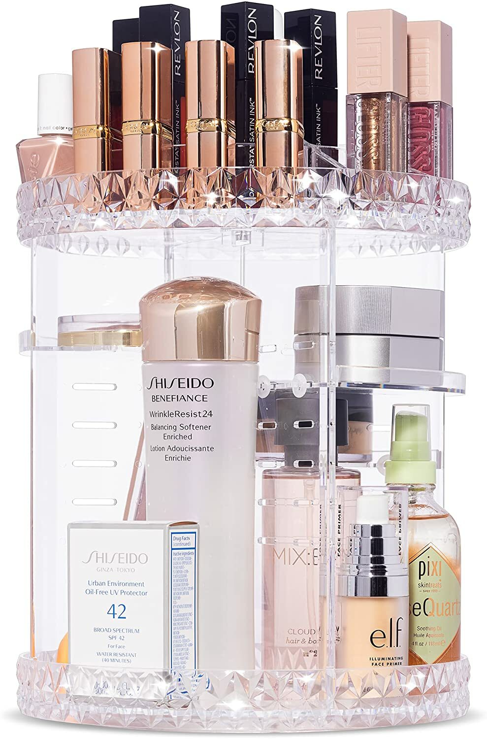 Rotating Makeup Organizer with Adjustable Shelves - 15 Slots, Clear or Pink