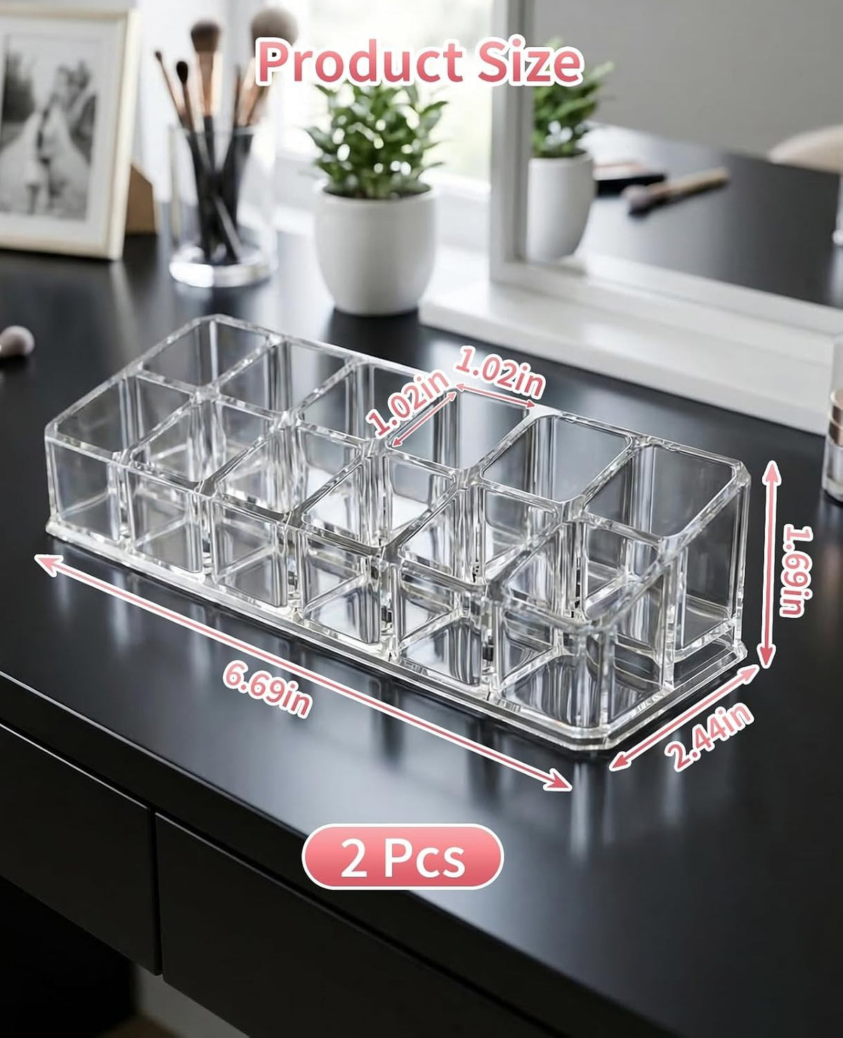 2 Pack Clear Acrylic Lipstick Organizer with 12 Slots for Makeup Storage