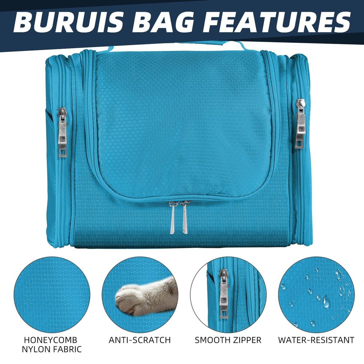 Light Blue Hanging Toiletry Bag Water-Resistant Nylon Travel Organizer