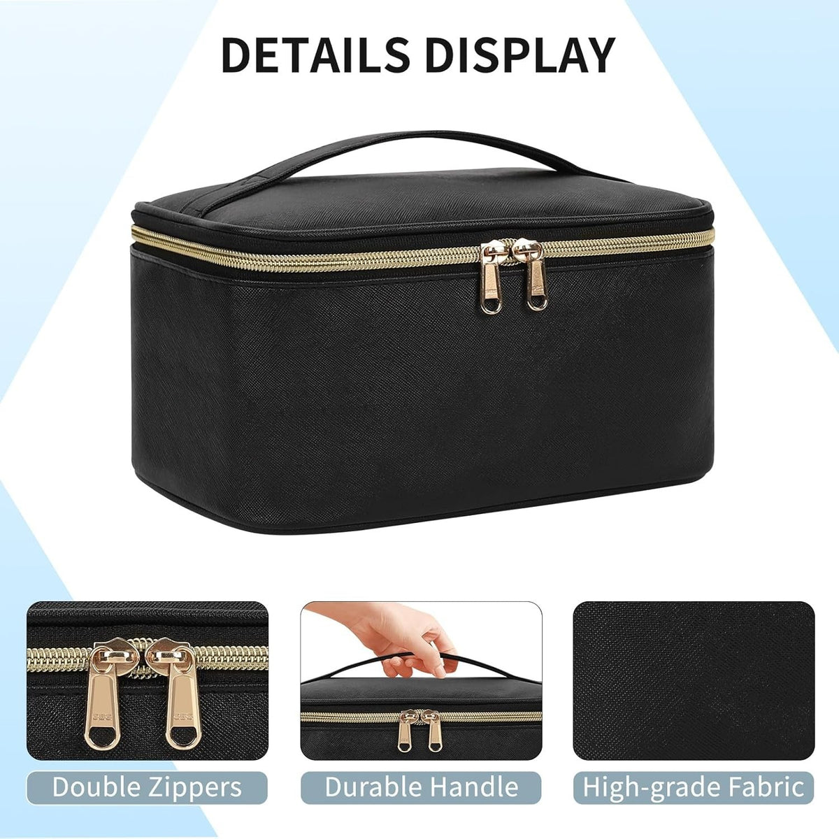 Travel Makeup Bag for Women - Medium Black Waterproof Organizer with Handle & Divider