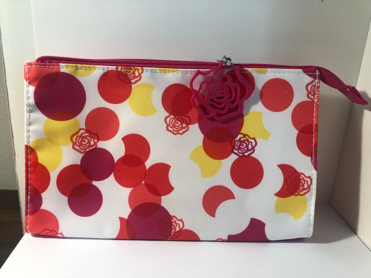 Pink & White Cosmetic Travel Bag with Rose Zipper Pull - 9 Inch Makeup Organizer