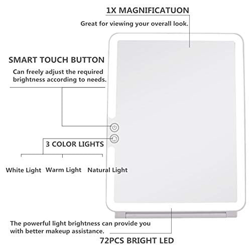 Lighted Travel Makeup Mirror with 72 LEDs, Adjustable Brightness & 3 Light Colors