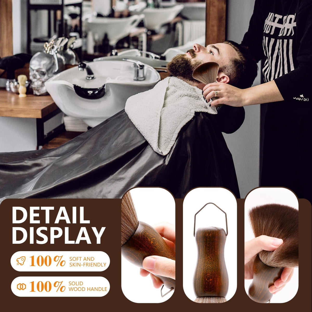 Barber Neck Duster Brush with Wooden Handle and Soft Fiber Bristles