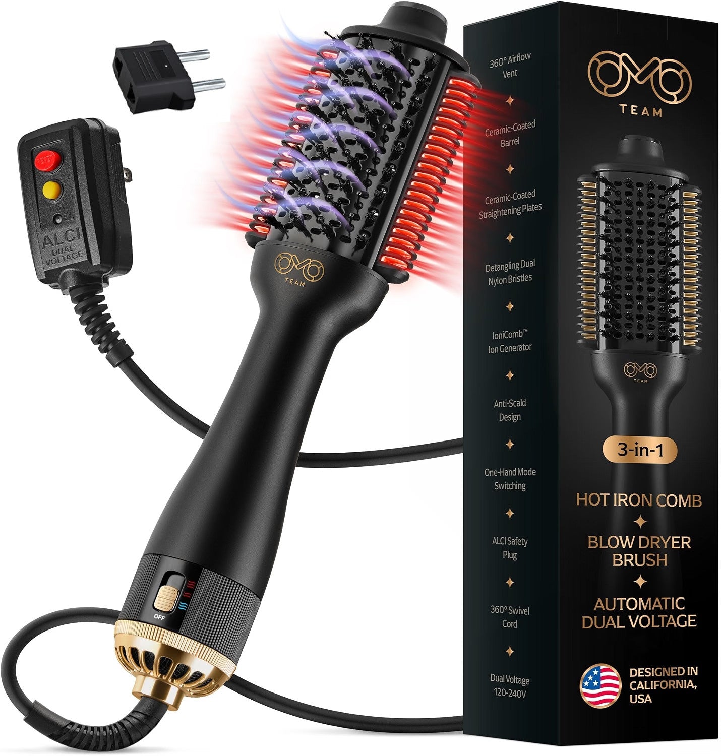 4-in-1 Dual Voltage Ionic Hair Styling Brush - Blow Dryer, Straightener, Curling Wand
