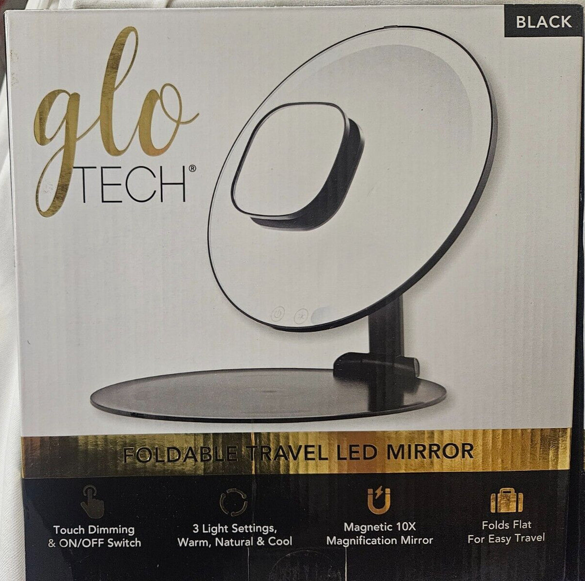 Foldable 8-Inch Travel LED Mirror with 3 Light Settings, Touch Dimmer & 10x Magnification